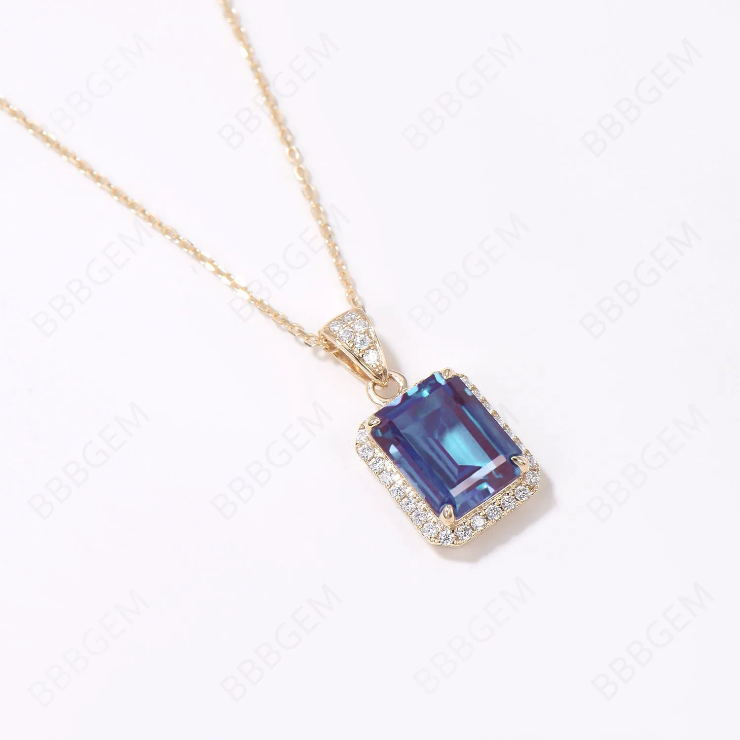 Emerald Cut Alexandrite Necklace Halo Diamond Pendant