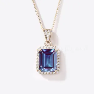 Emerald Cut Alexandrite Necklace Halo Diamond Pendant