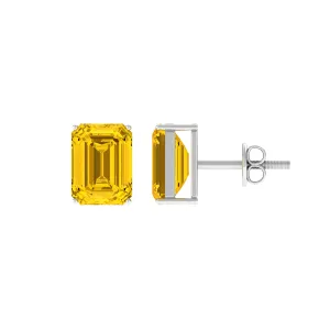 Emerald Cut Created Yellow Sapphire Solitaire Stud Earrings