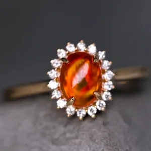 Extremely Rare Deep Red Cabochon Fire Opal Halo Diamond Engagement Ring 18K Gold