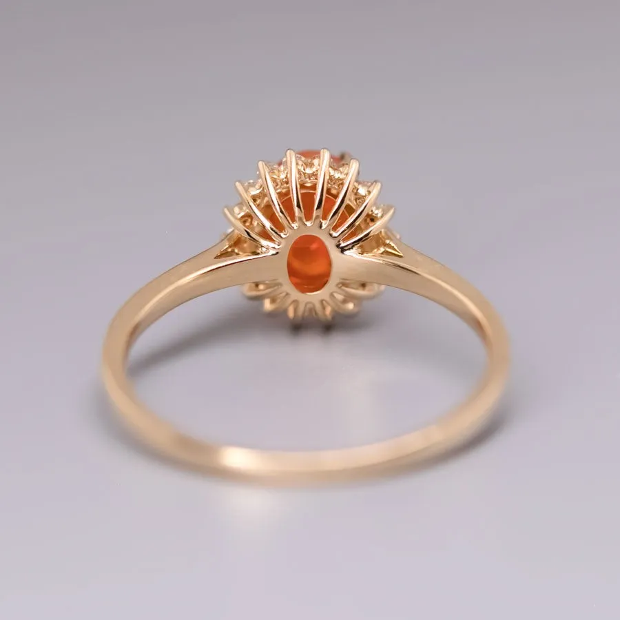 Extremely Rare Deep Red Cabochon Fire Opal Halo Diamond Engagement Ring 18K Gold