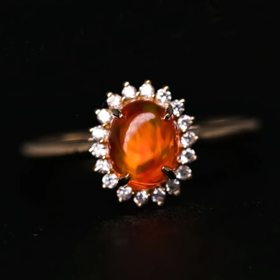 Extremely Rare Deep Red Cabochon Fire Opal Halo Diamond Engagement Ring 18K Gold