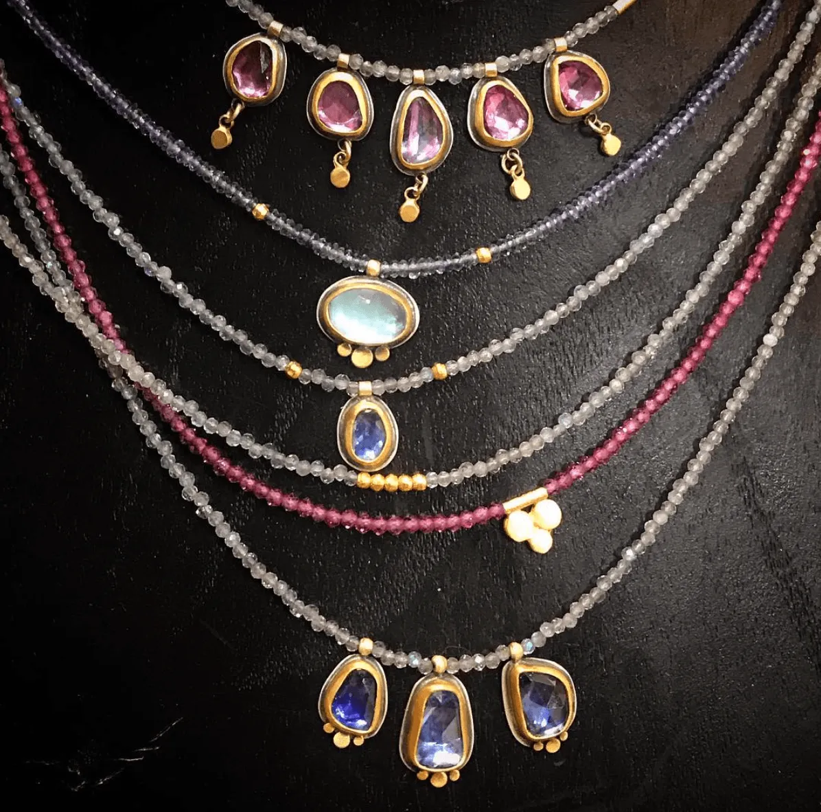 Five Pink Sapphires with Labradorite Beaded Necklace