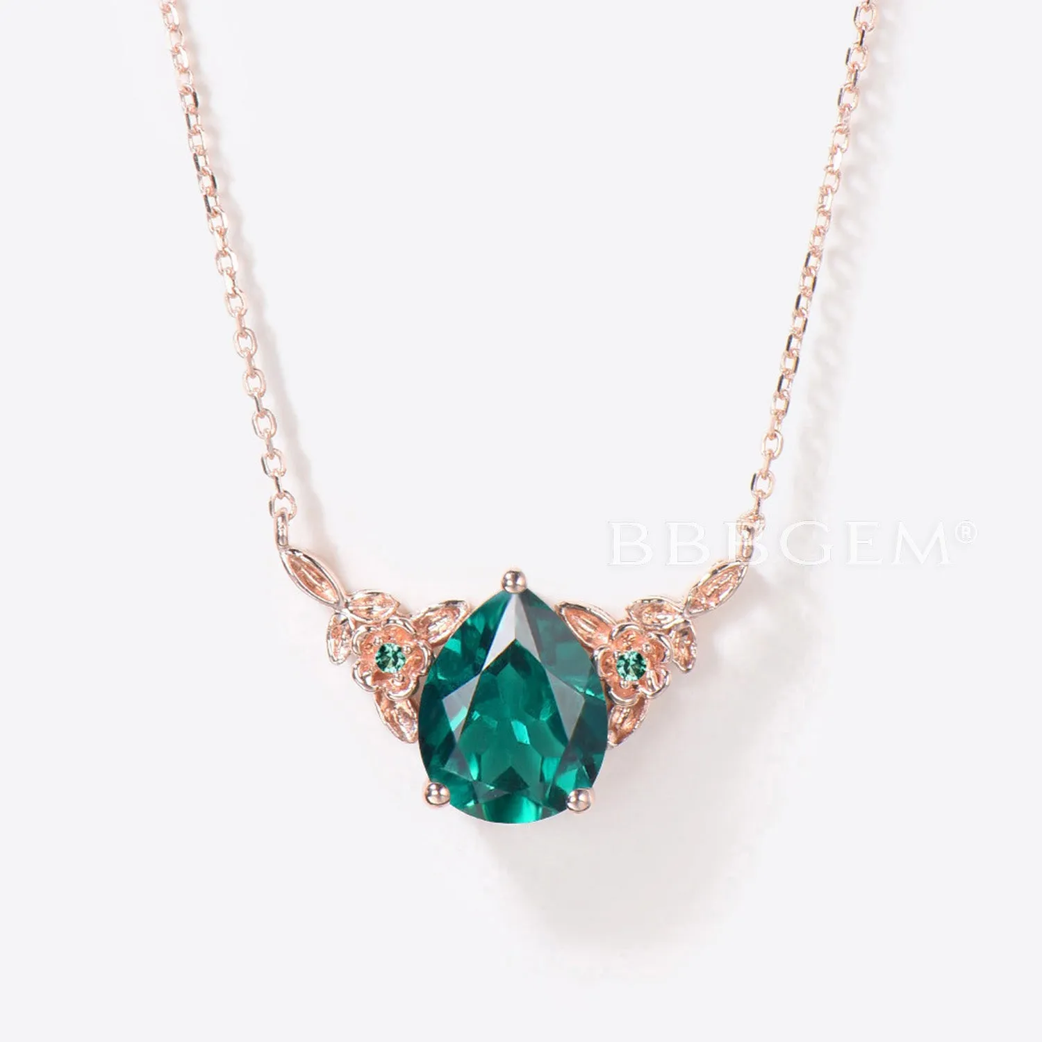 Floral Wedding Necklace Pear Shaped Green Emerald Pendant