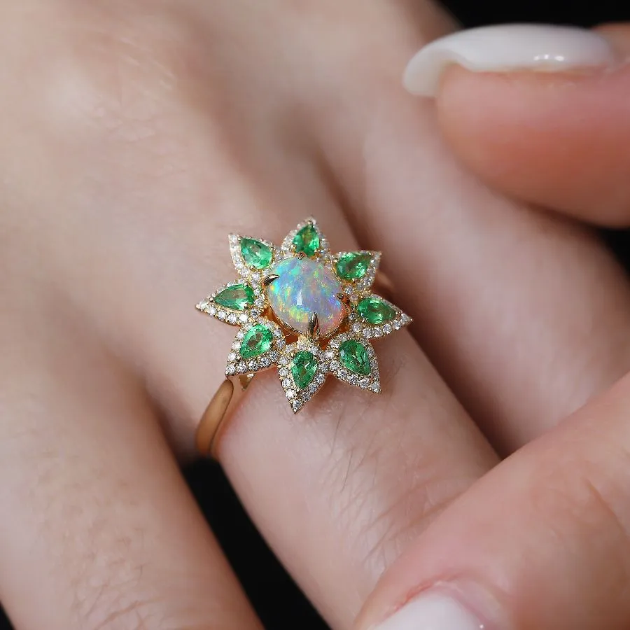 Flowers Design Semi-Black Opal Diamond Tsavorite Engagement Ring 18K Yellow Gold