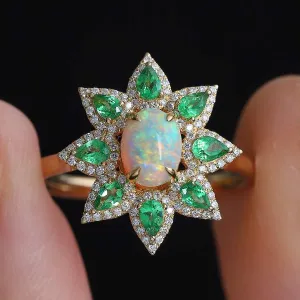 Flowers Design Semi-Black Opal Diamond Tsavorite Engagement Ring 18K Yellow Gold