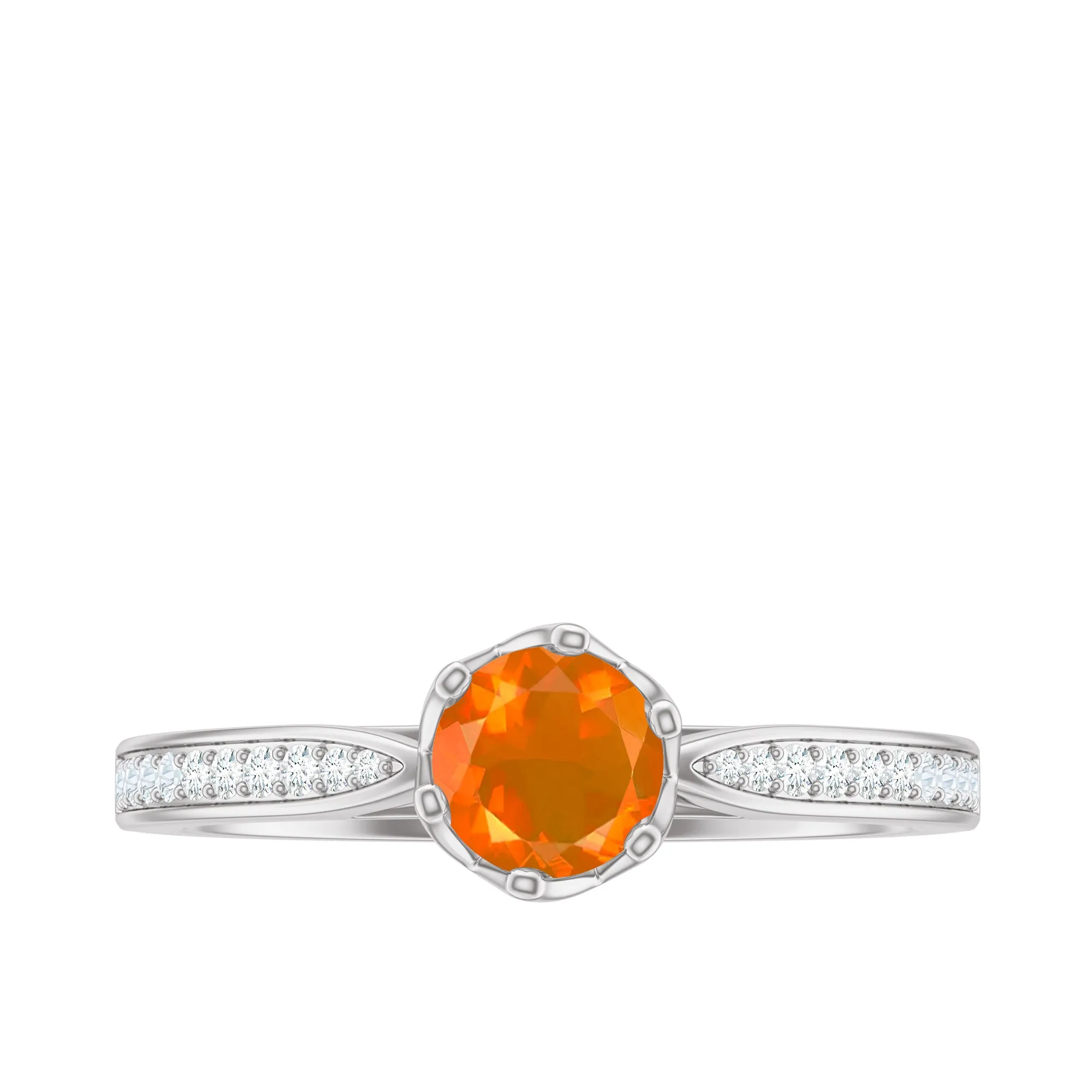 Genuine Fire Opal Solitaire Engagement Ring with Diamond