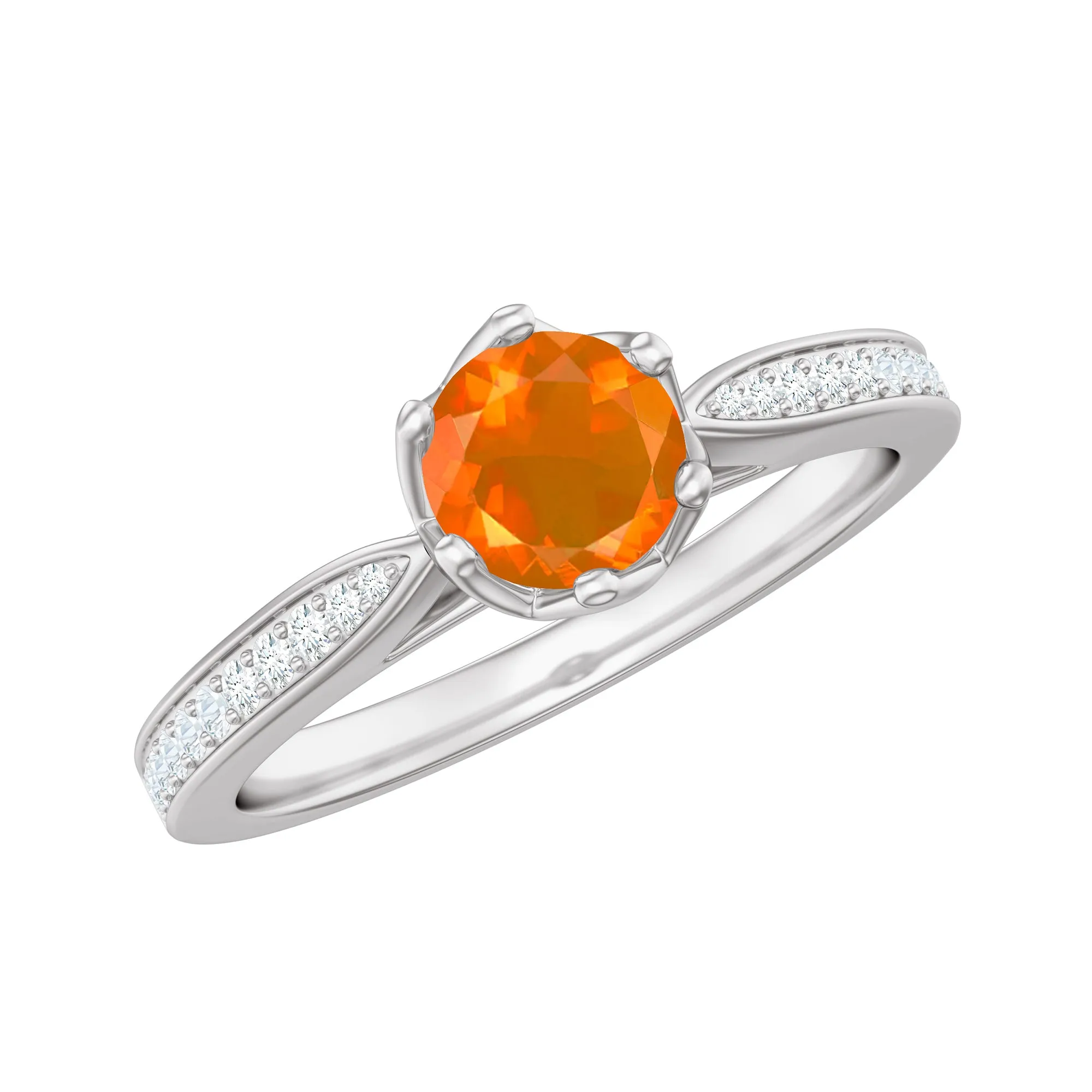 Genuine Fire Opal Solitaire Engagement Ring with Diamond