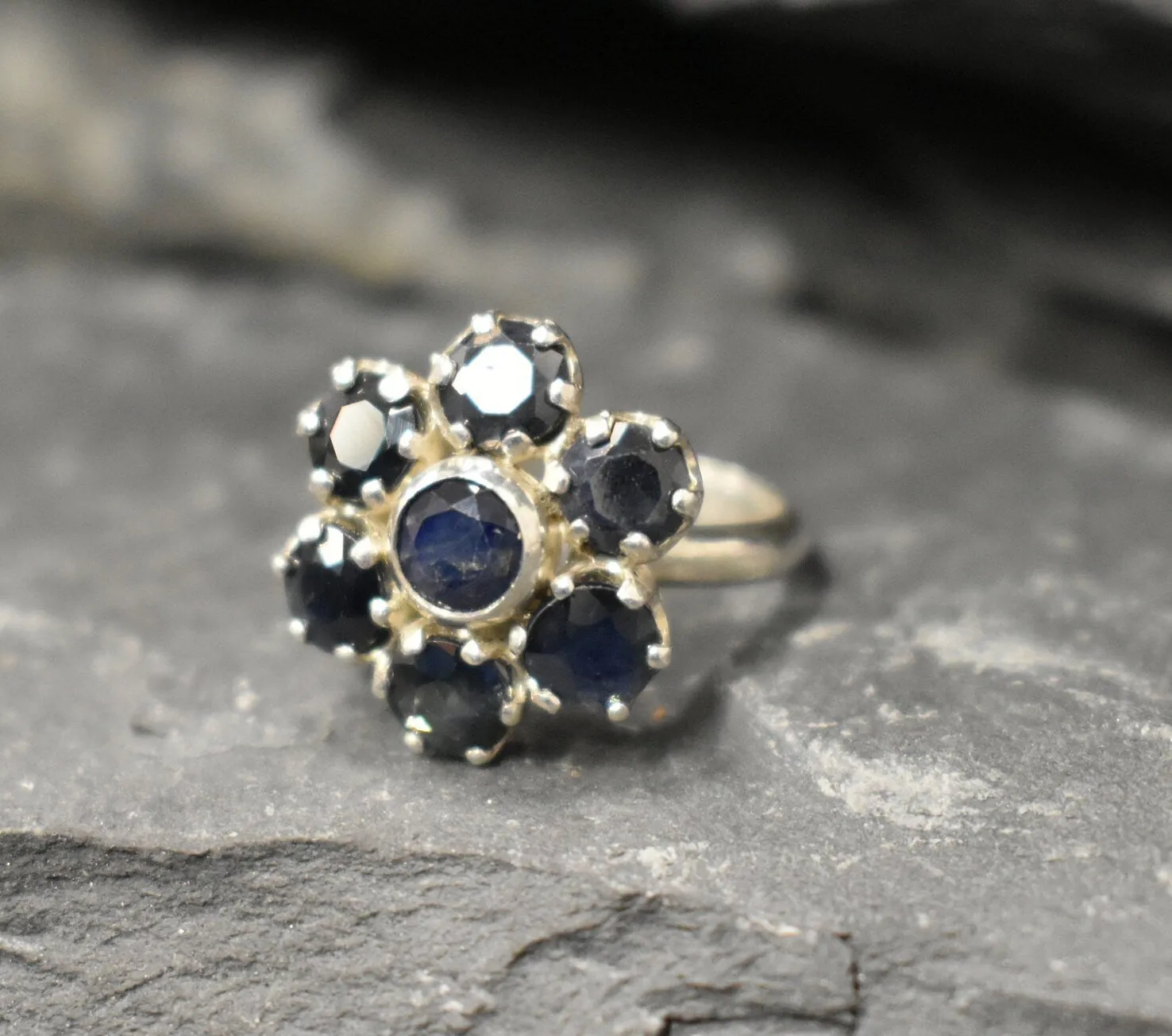 Genuine Sapphire Ring - Blue Flower Ring - Vintage Floral Ring