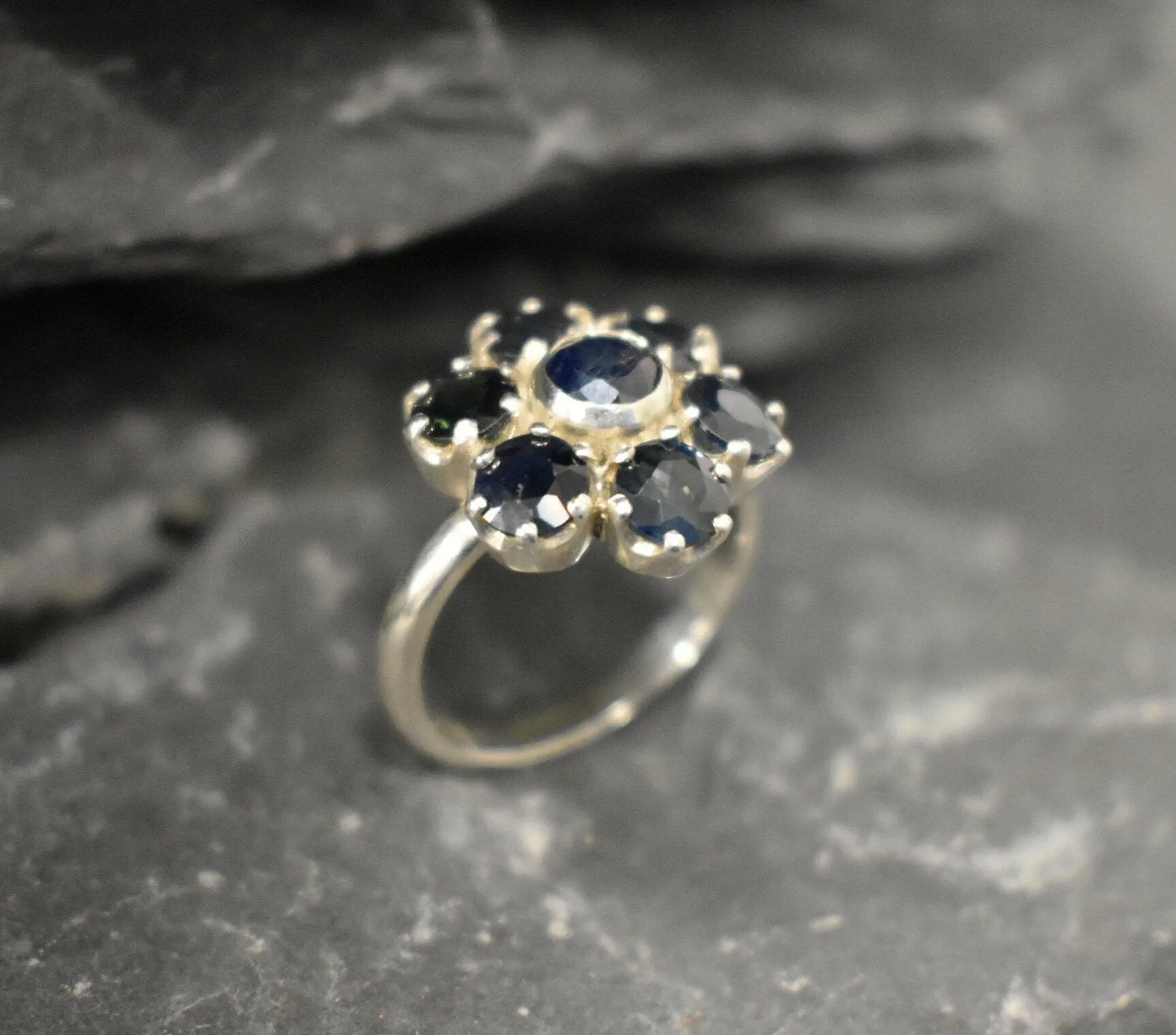 Genuine Sapphire Ring - Blue Flower Ring - Vintage Floral Ring