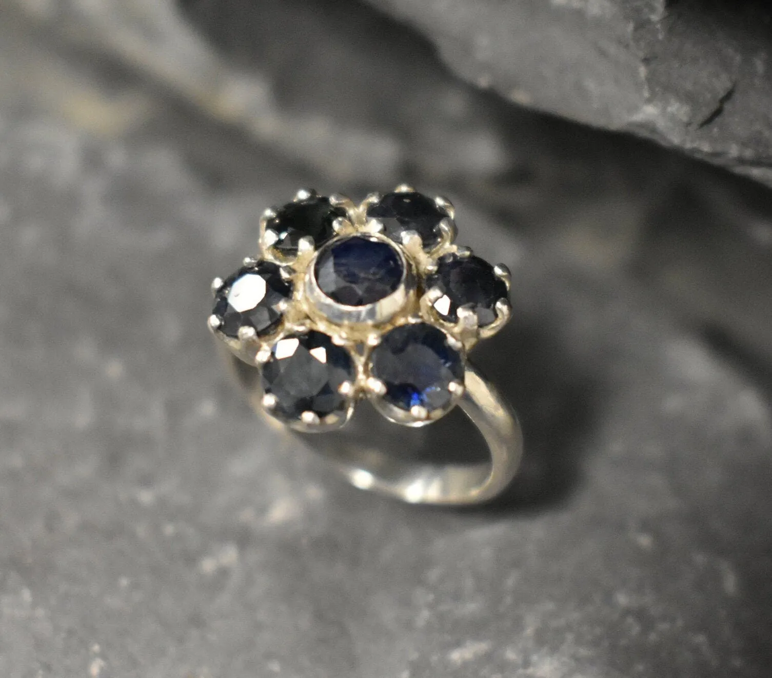 Genuine Sapphire Ring - Blue Flower Ring - Vintage Floral Ring