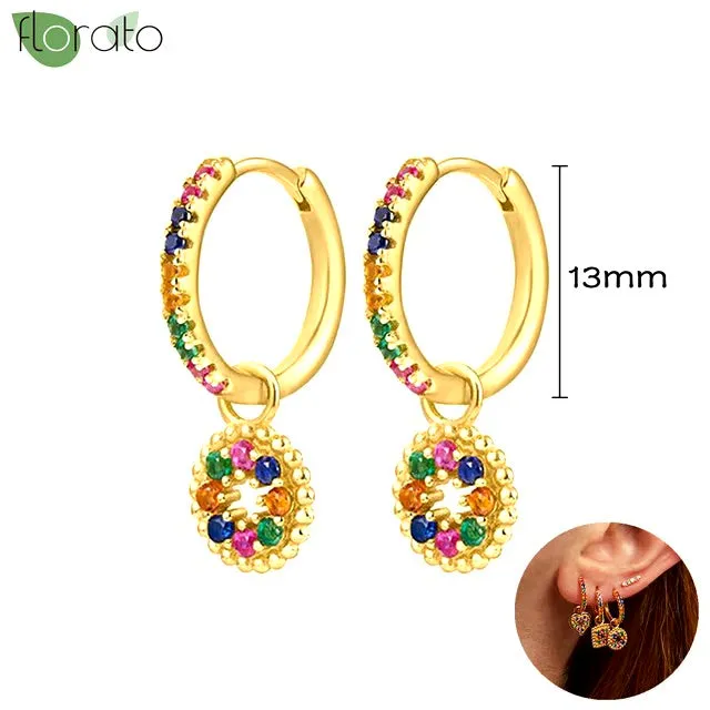 Gold Hoops with Rainbow Disc Pendants