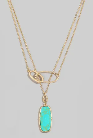 Gold Oval Hoop Linked & Turquoise Stone Pendant Layered Necklaces