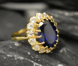 Gold Sapphire Ring - Princess Diana Ring - Large Cocktail Ring