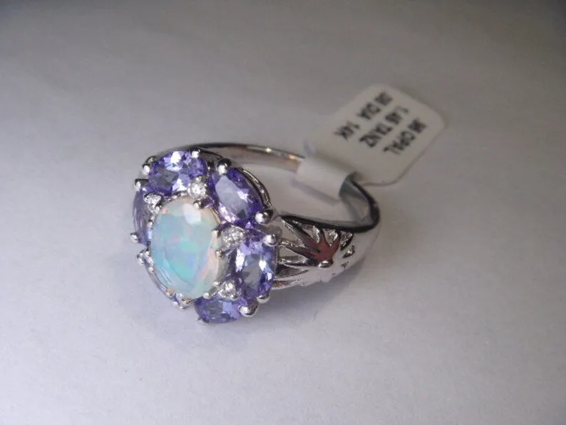 Gorgeous Estate 14K White Gold Diamod Tanzanite Opal Filigree Ring