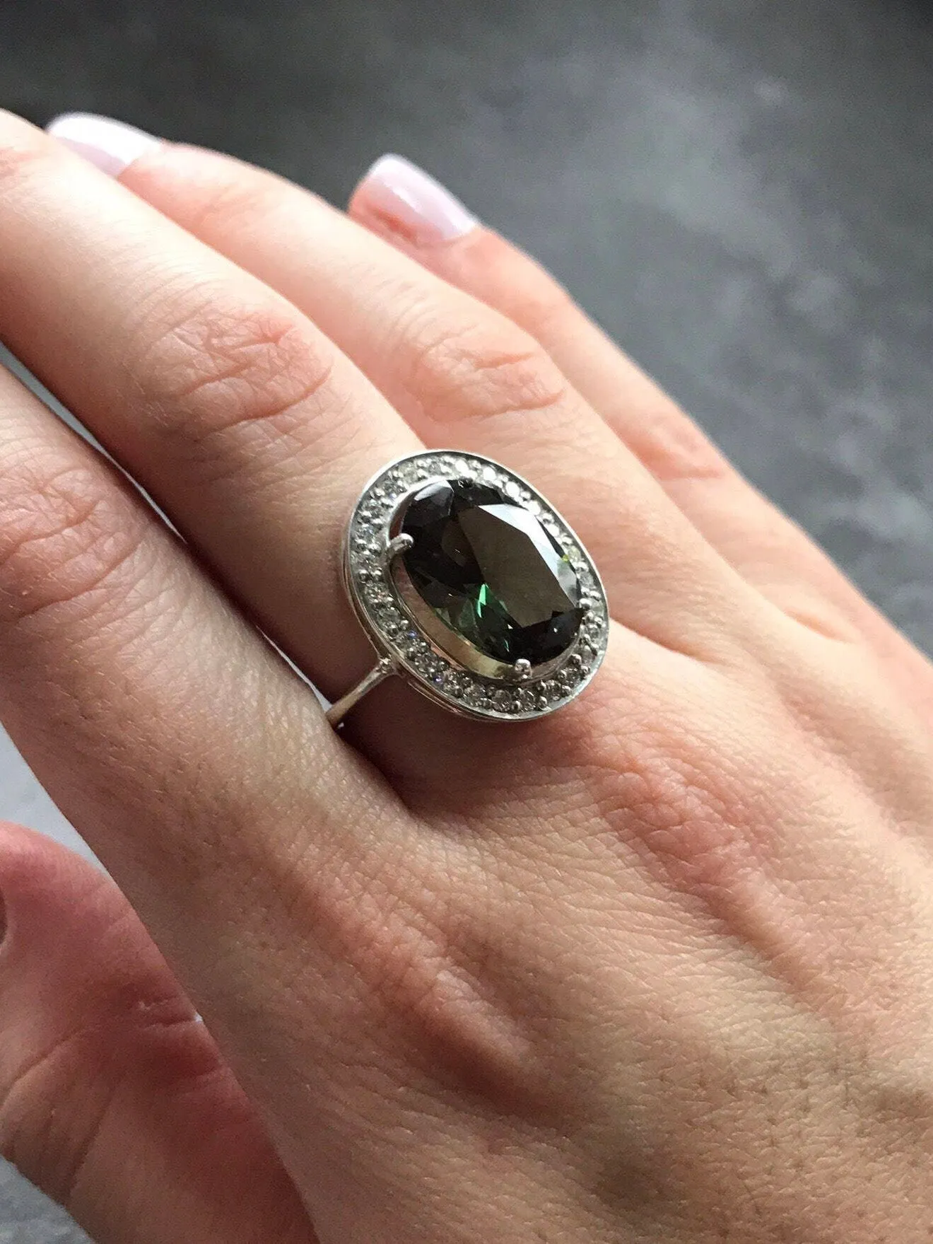 Green Diamond Ring - Vintage Oval Ring - Green Cocktail Ring