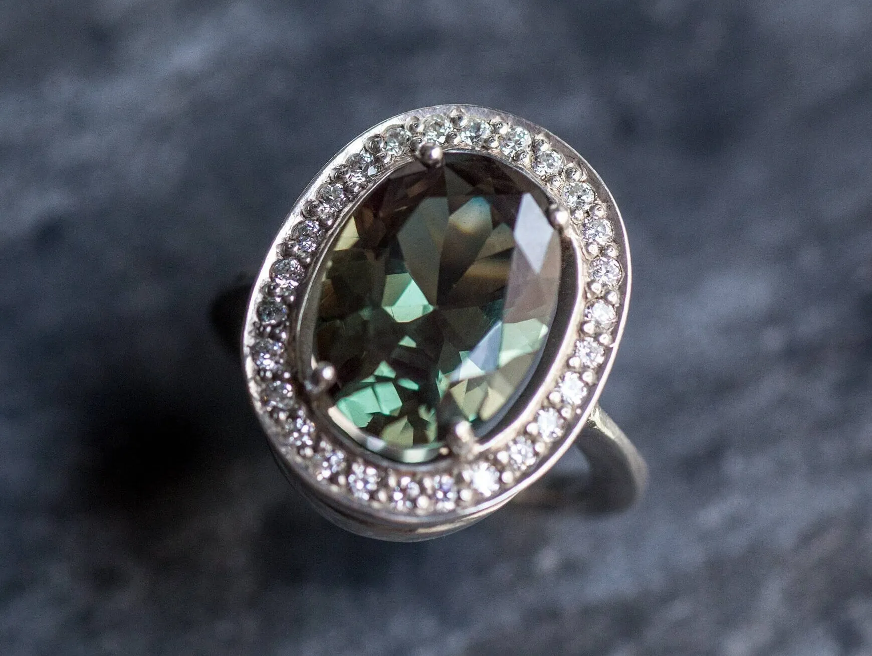 Green Diamond Ring - Vintage Oval Ring - Green Cocktail Ring