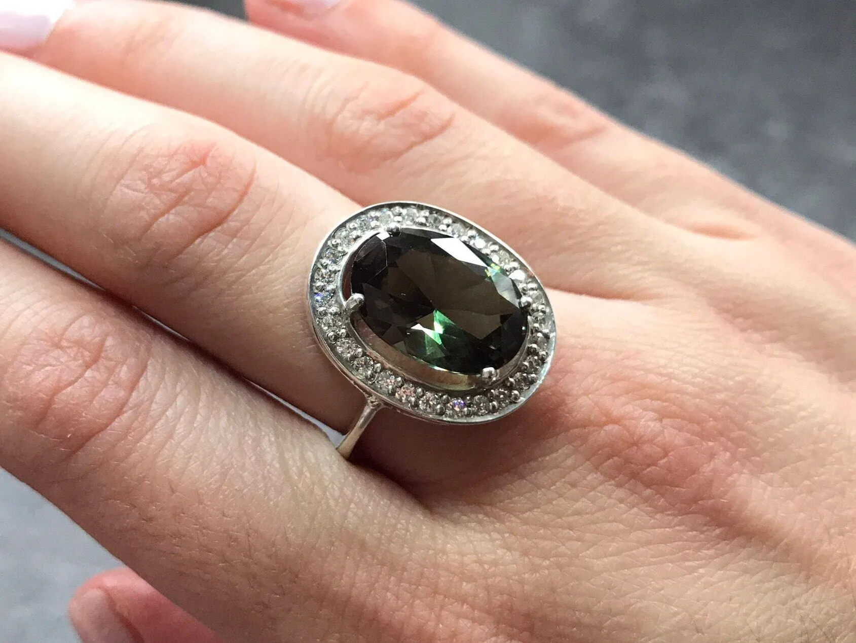 Green Diamond Ring - Vintage Oval Ring - Green Cocktail Ring