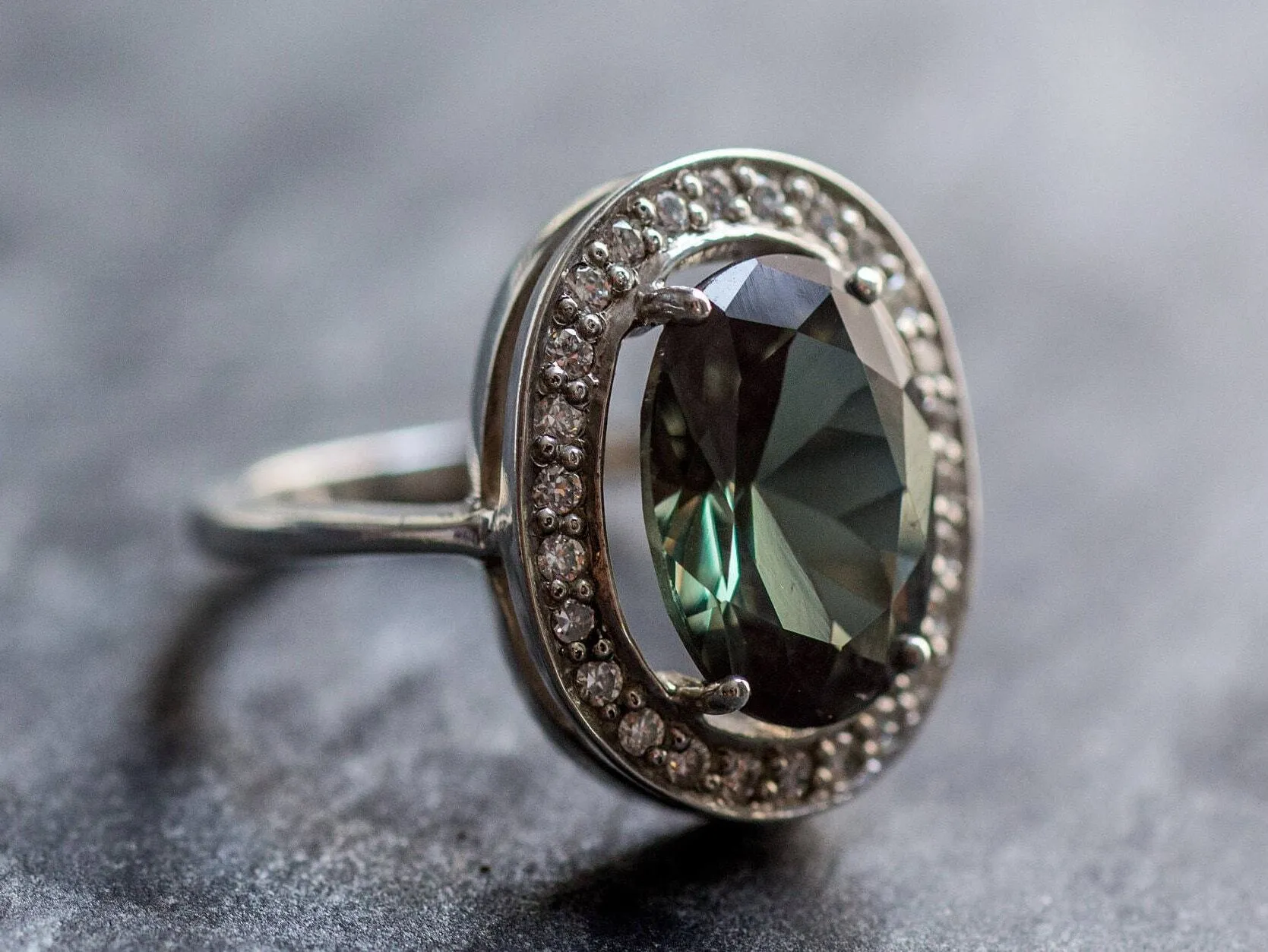 Green Diamond Ring - Vintage Oval Ring - Green Cocktail Ring