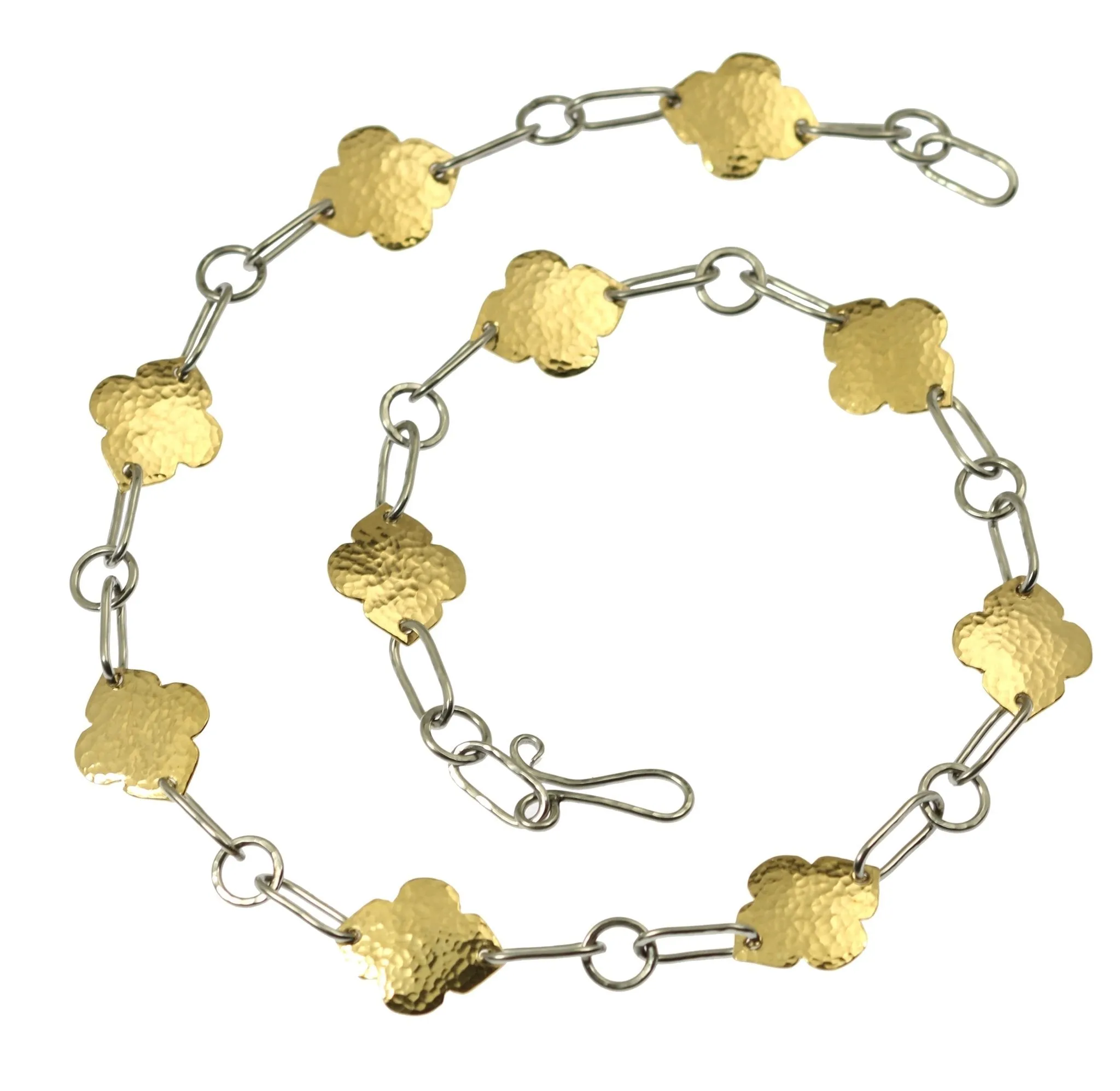 Hammered Stainless Steel Link Necklace with Nu Gold Hammered Quatrefoil Accents