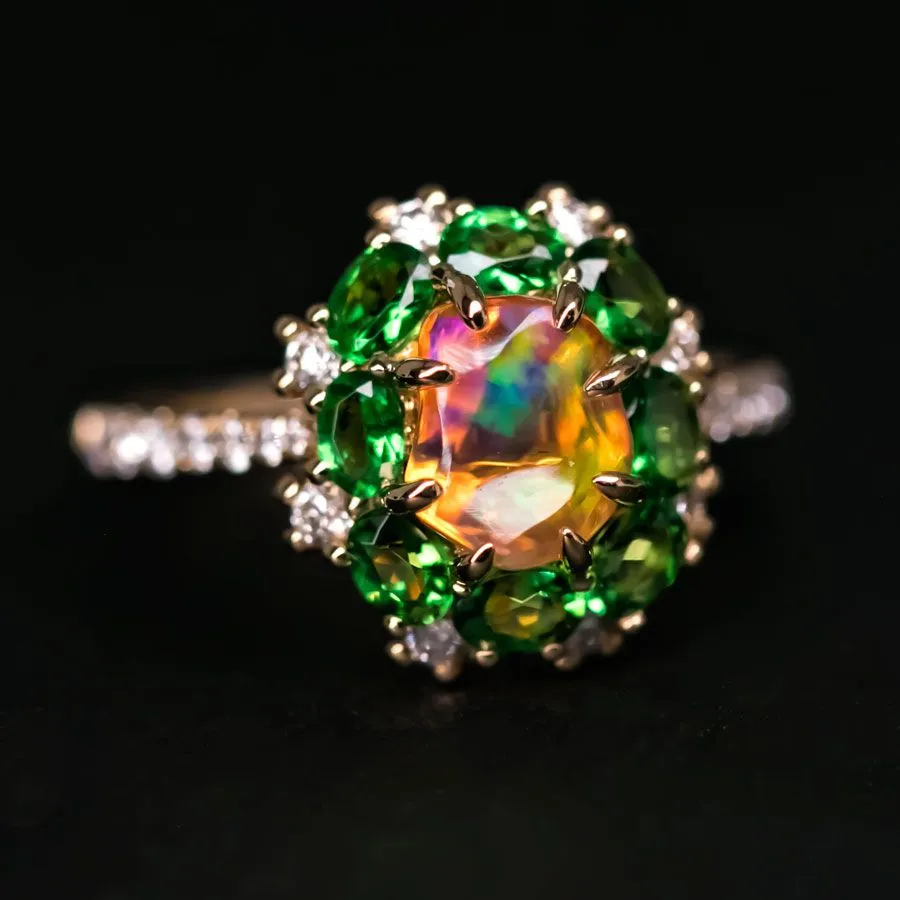 Incredible Color Mexican Fire Opal Tsavorite Diamond Engagement Wedding Ring 18K Gold