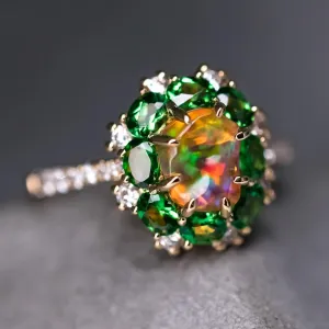 Incredible Color Mexican Fire Opal Tsavorite Diamond Engagement Wedding Ring 18K Gold