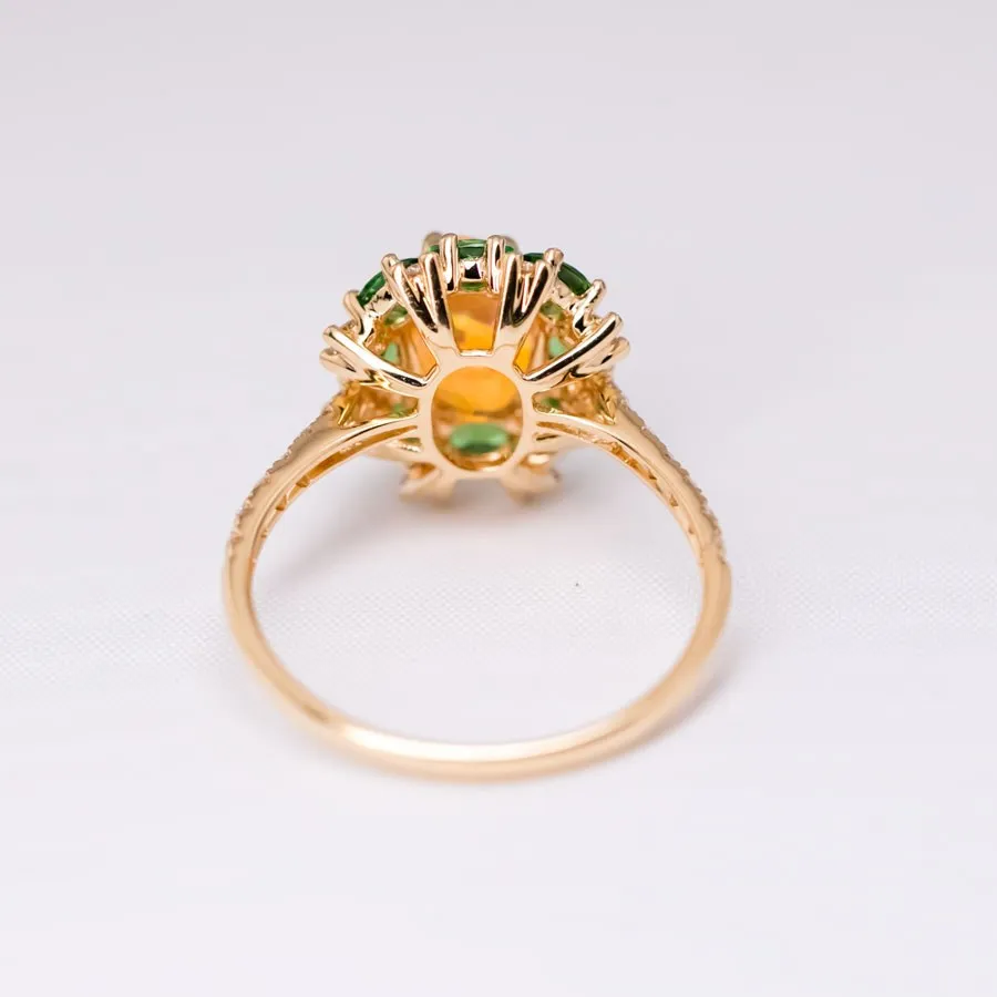 Incredible Color Mexican Fire Opal Tsavorite Diamond Engagement Wedding Ring 18K Gold