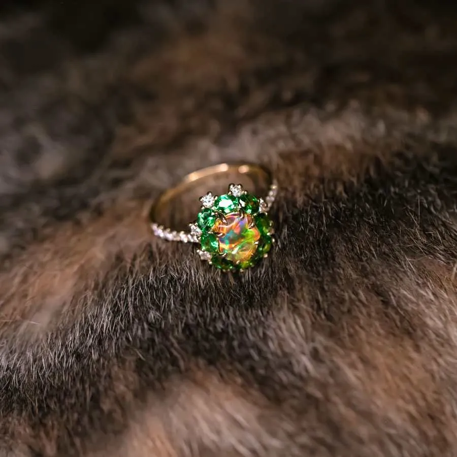 Incredible Color Mexican Fire Opal Tsavorite Diamond Engagement Wedding Ring 18K Gold