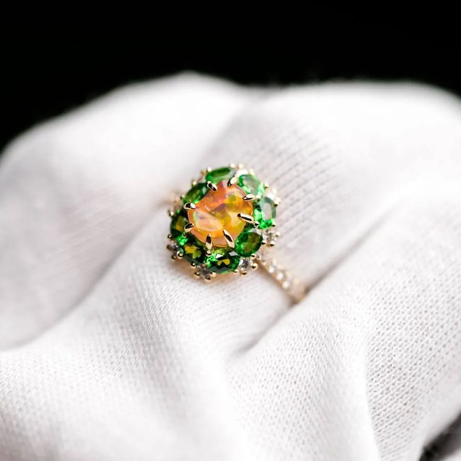 Incredible Color Mexican Fire Opal Tsavorite Diamond Engagement Wedding Ring 18K Gold