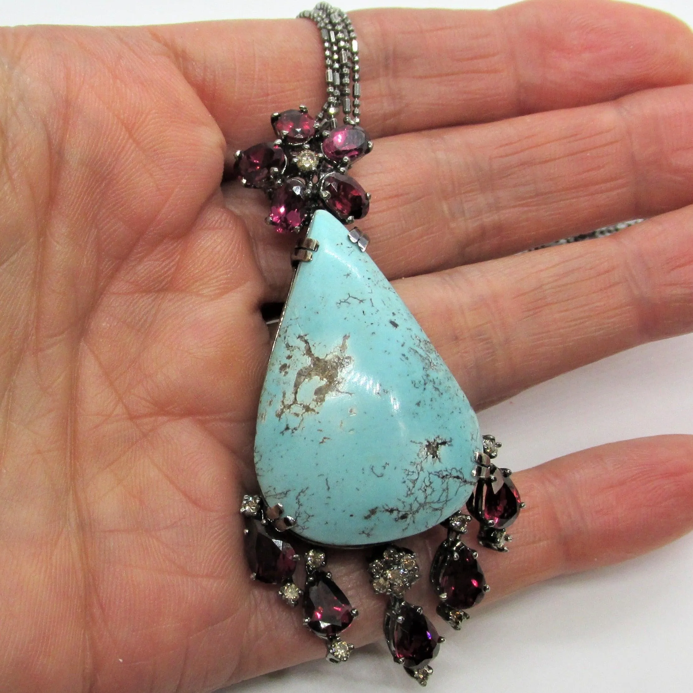 Large Turquoise Garnet and Diamonds Necklace