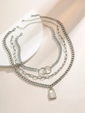 Lock Charm Chunky Chain Necklace Set - 3pcs