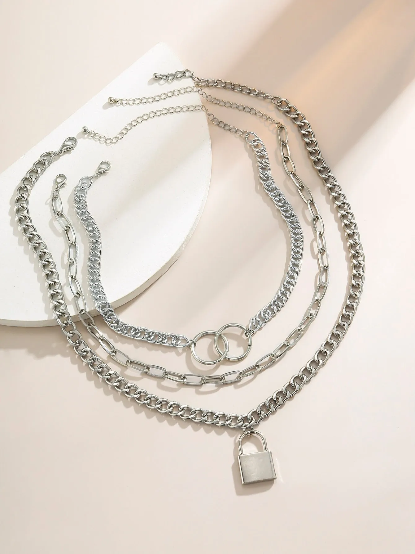 Lock Charm Chunky Chain Necklace Set - 3pcs