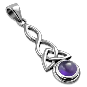 Long Amethyst Stone Celtic Trinity Knot Silver Pendant