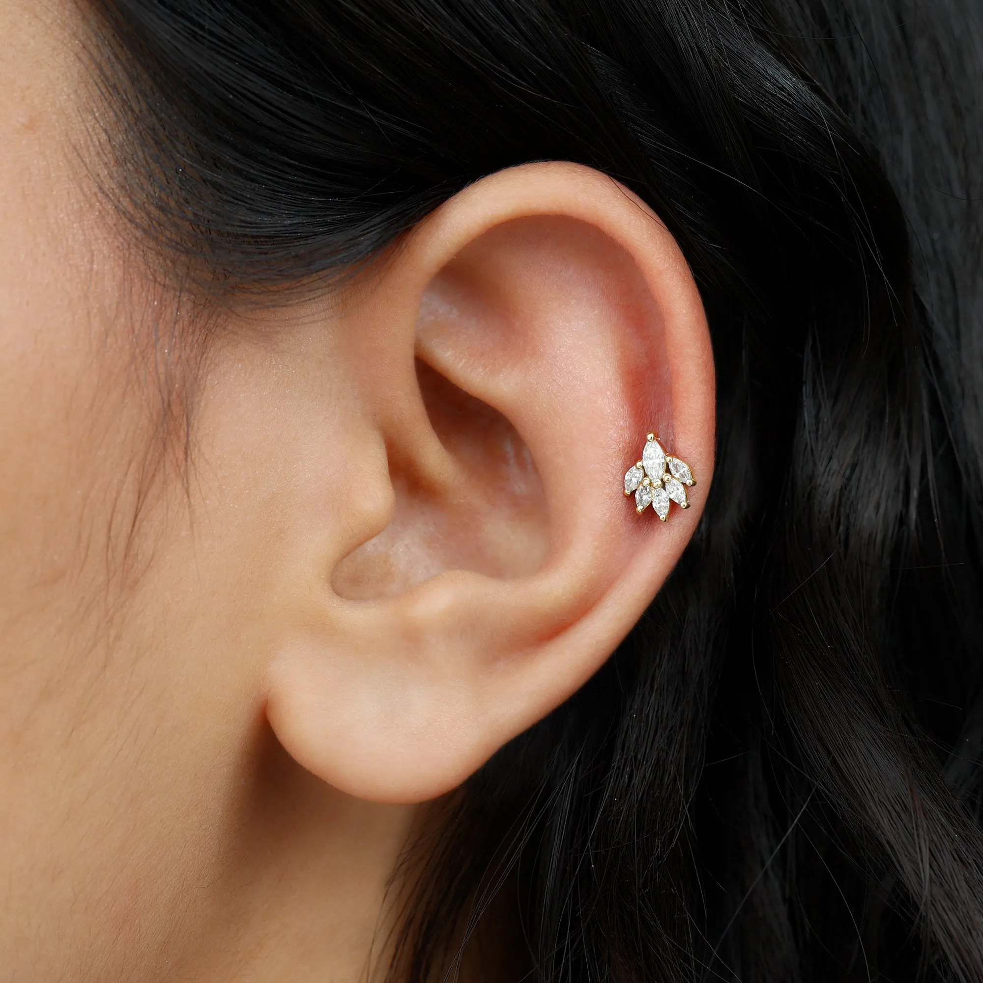 Marquise Diamond Leaf Cluster Helix Earring