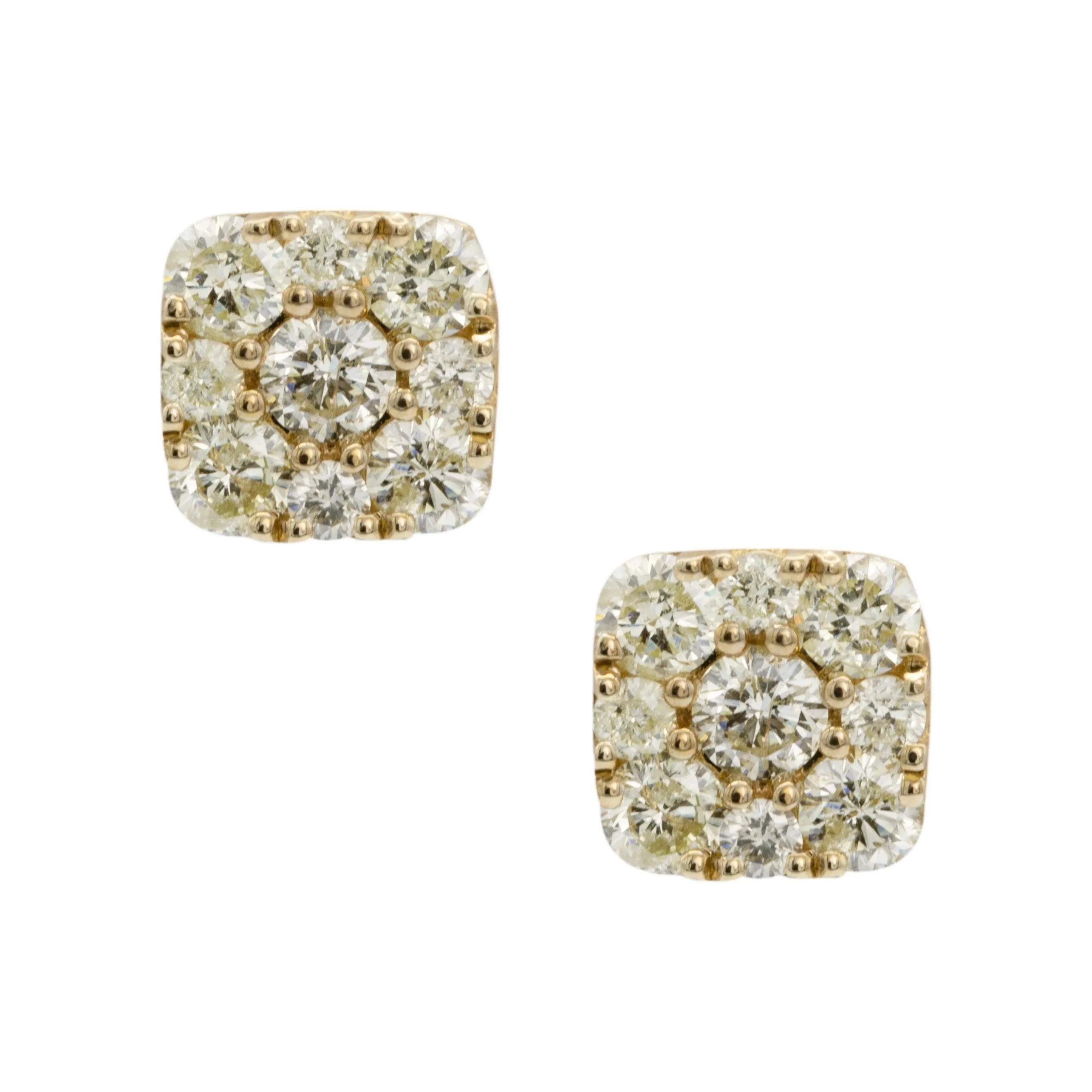 Men's Square Cluster Diamond Stud Earrings 1.29ct 10K Yellow Gold