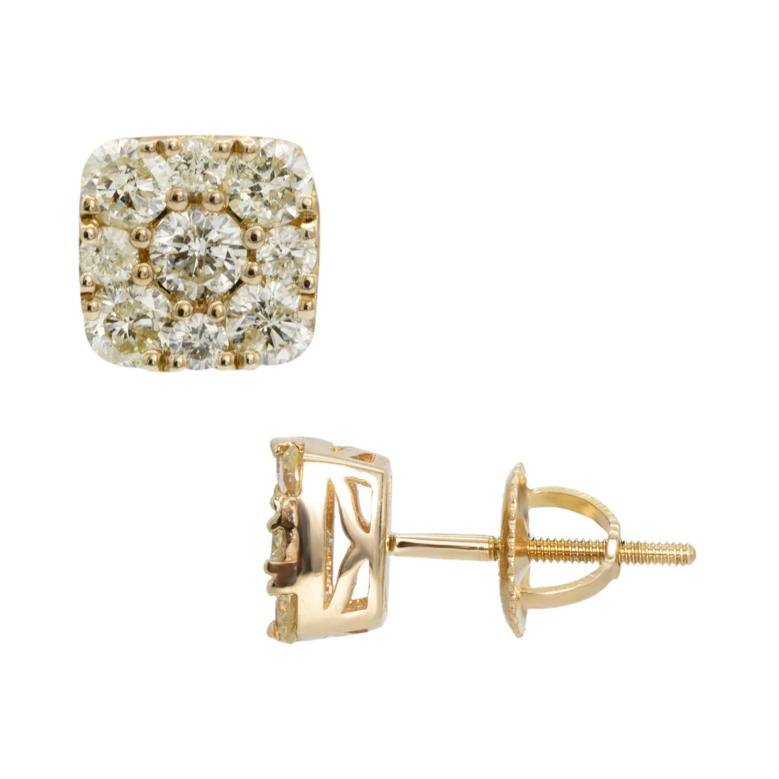 Men's Square Cluster Diamond Stud Earrings 1.29ct 10K Yellow Gold