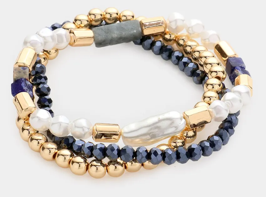 Meran - Pearl Beaded Stretch Bracelet Set (Navy)