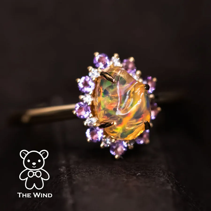 Mexican Fire Opal Amethyst Diamond Engagement Halo Ring 18K Yellow Gold