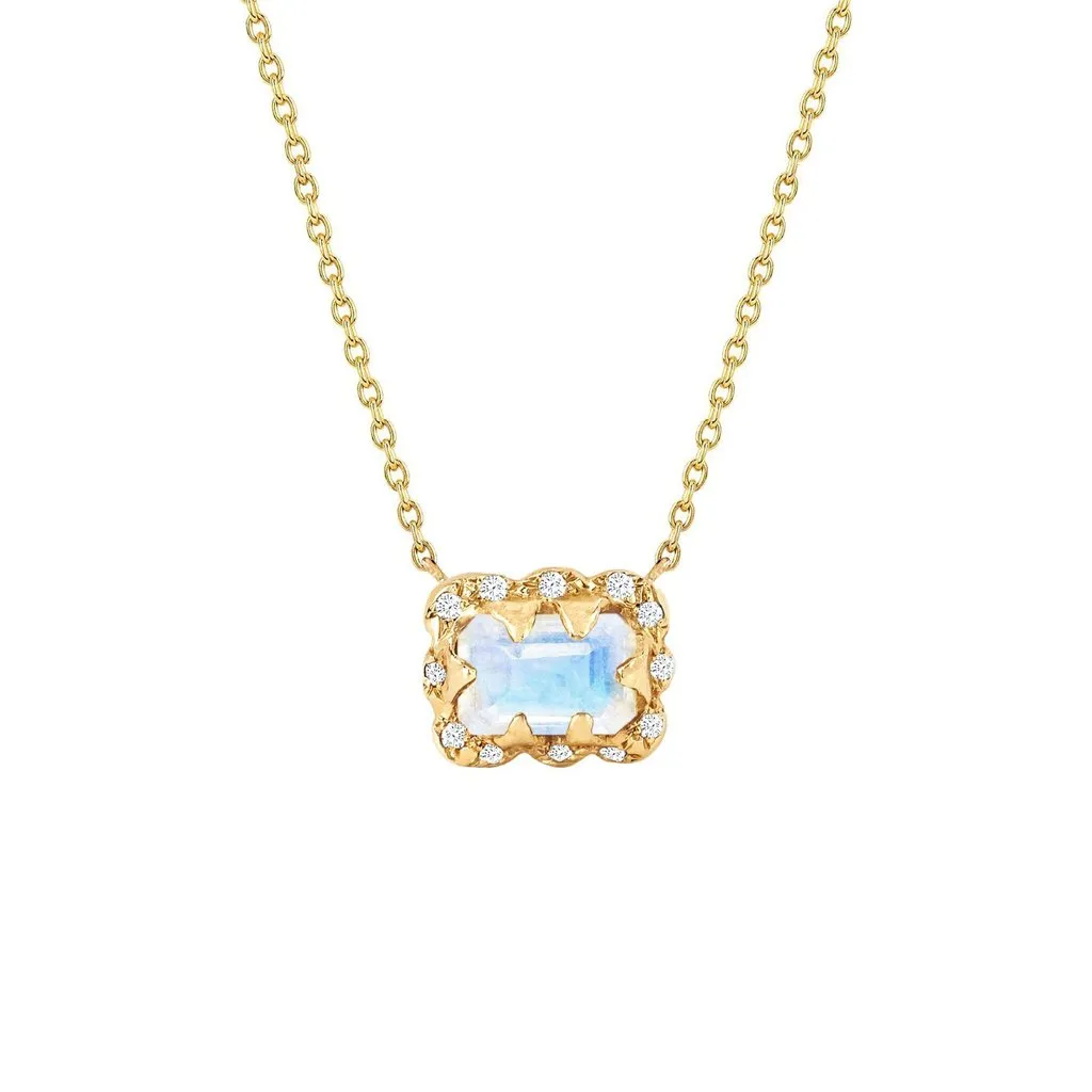 Micro Queen Emerald Cut Moonstone Necklace with Sprinkled Diamonds