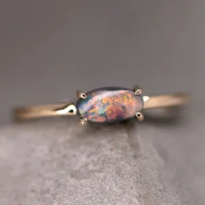 Minimalist Australian Black Opal Engagement Wedding Band 18K Yellow Gold