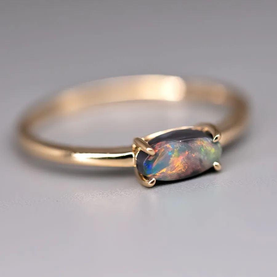 Minimalist Australian Black Opal Engagement Wedding Band 18K Yellow Gold