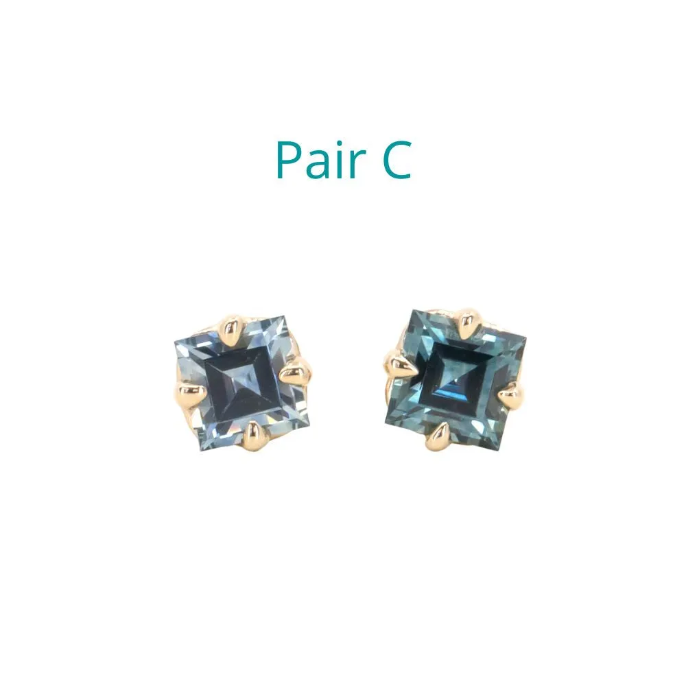 Montana Sapphire Carre Cut Stud Earrings in 14k Yellow and Rose Gold