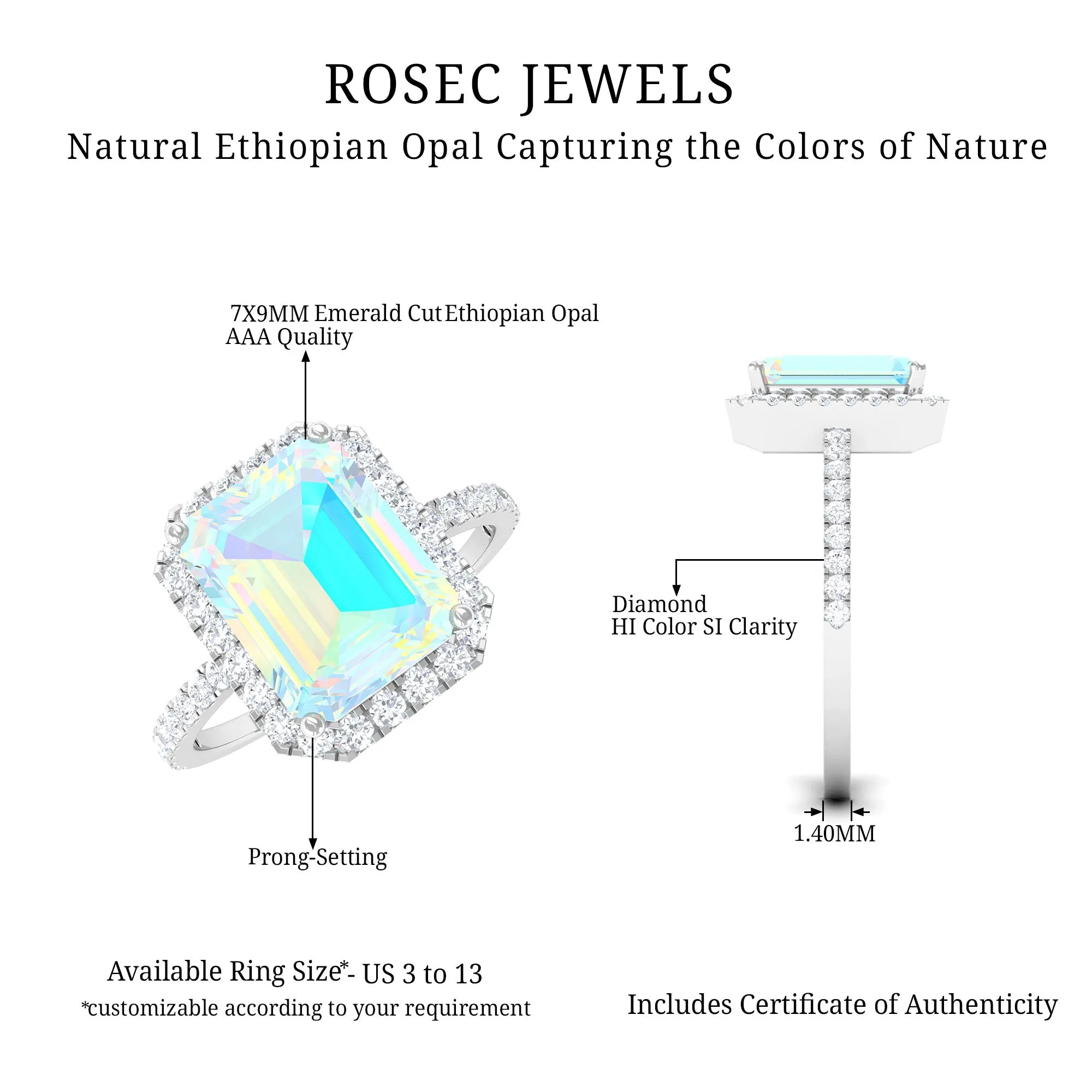 Octagon Cut Ethiopian Opal Simple Engagement Ring with Diamond Halo