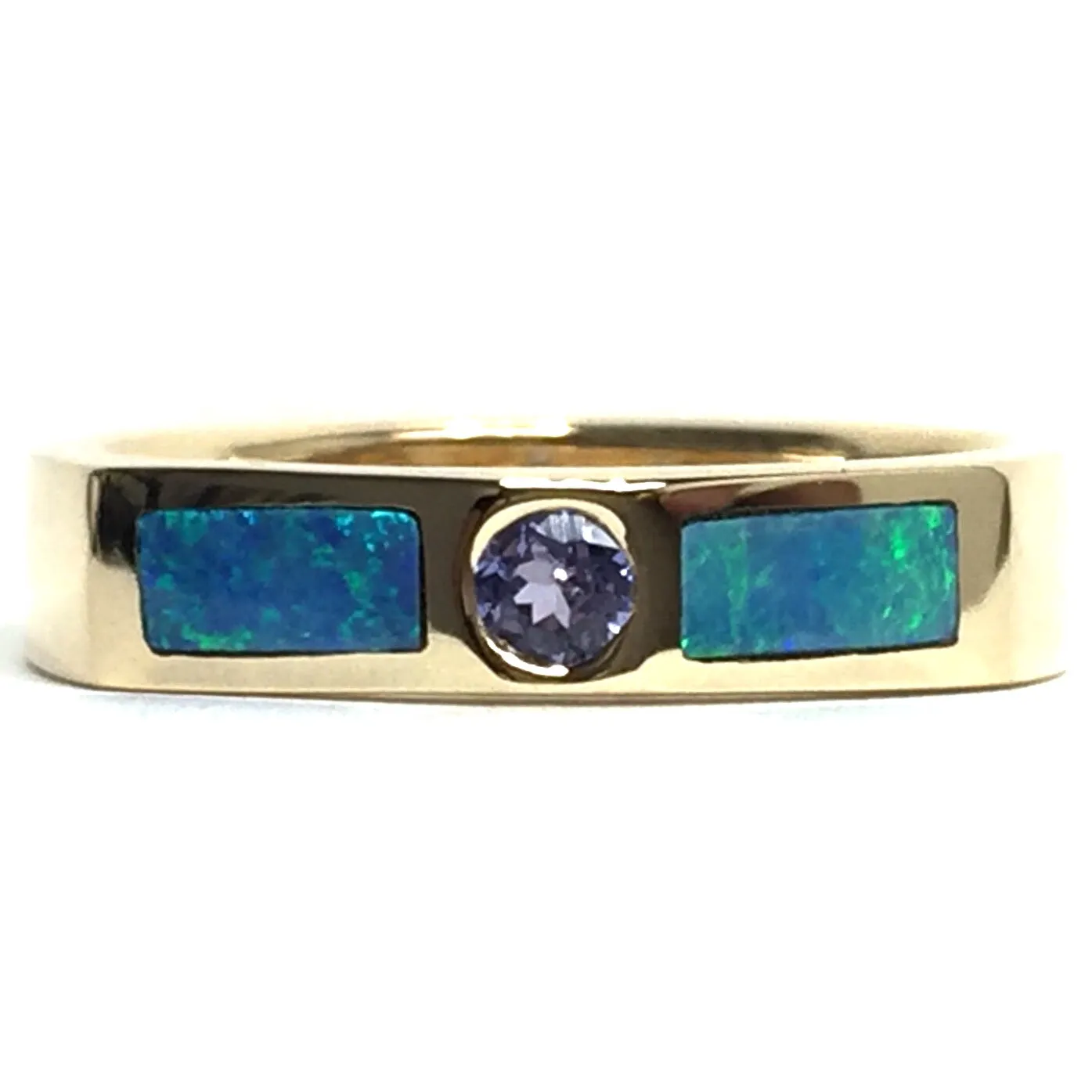 Opal Rings 2 Section Inlaid Design with Round Tanzanite