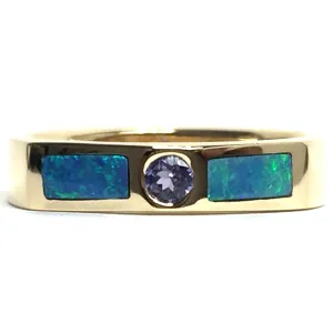 Opal Rings 2 Section Inlaid Design with Round Tanzanite