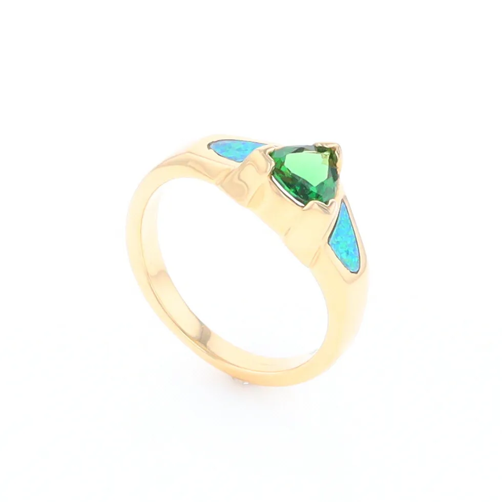 Opal Rings 2 Section Inlaid Design with Trillion Tsavorite Center