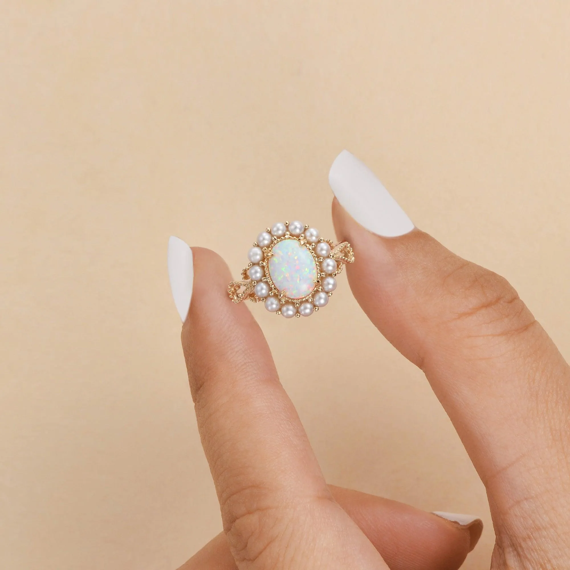 Oval Cut Lab Opal & Pearls Halo Rose Gold Ring