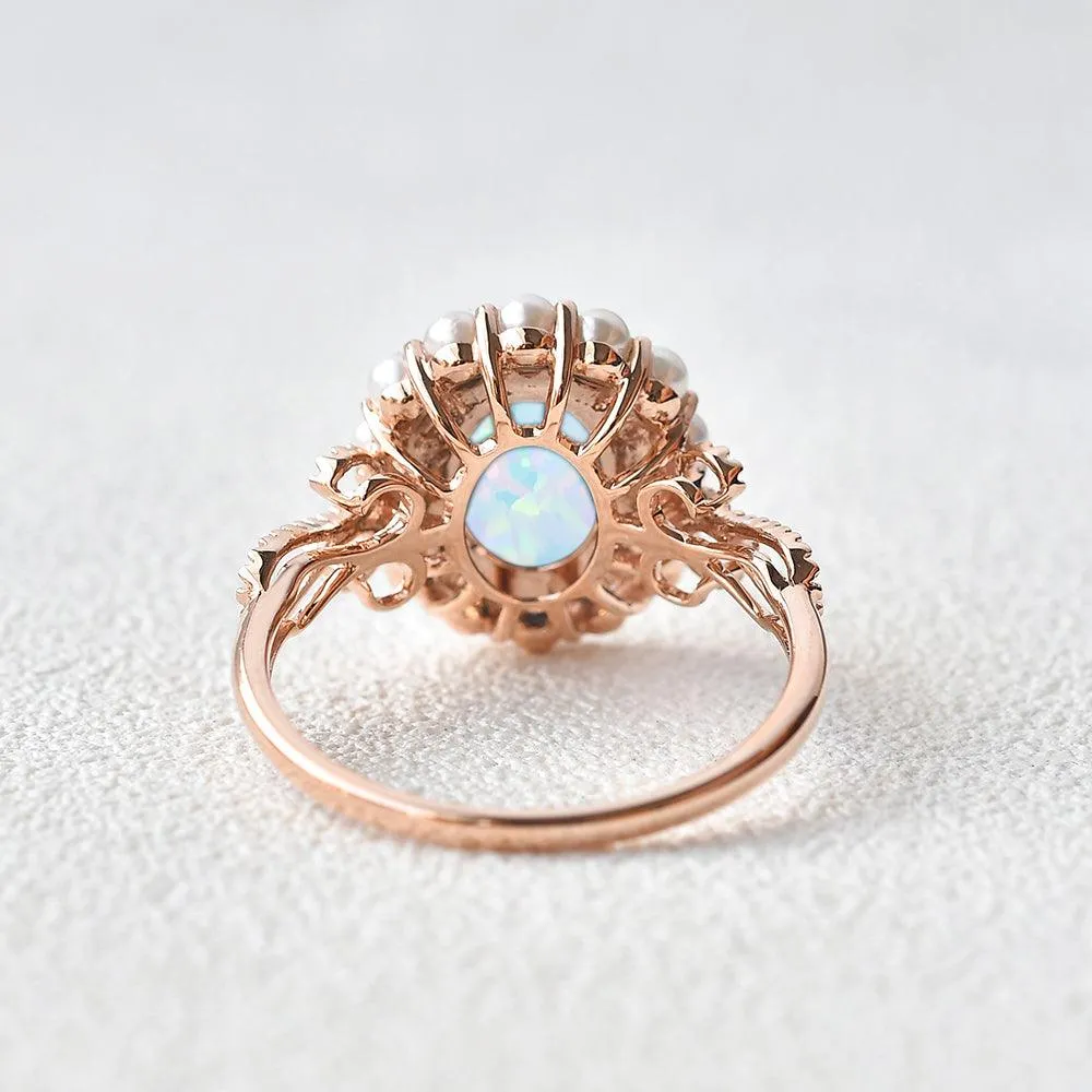 Oval Cut Lab Opal & Pearls Halo Rose Gold Ring