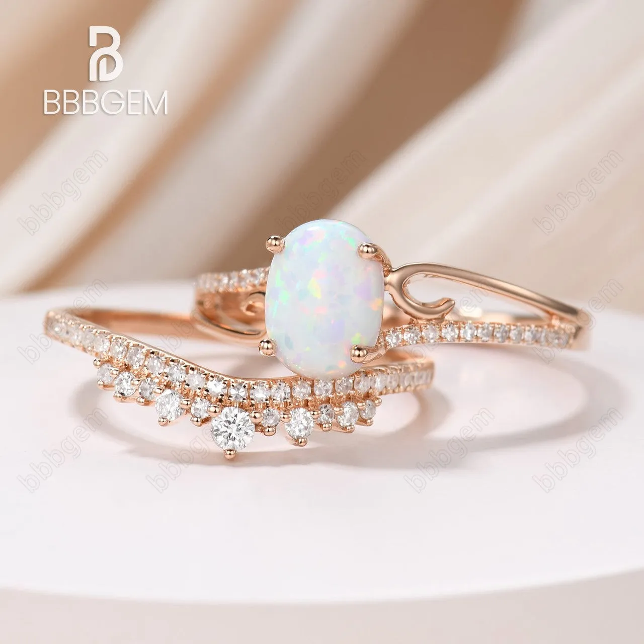 Oval Opal Engagement Ring Set Rose Gold Antique Curved Wedding Ring Set Unique Diamond Wedding Band