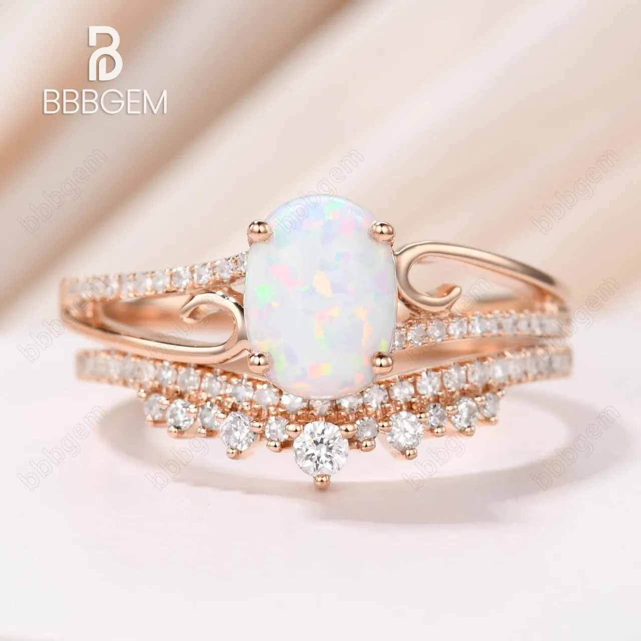 Oval Opal Engagement Ring Set Rose Gold Antique Curved Wedding Ring Set Unique Diamond Wedding Band